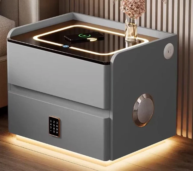 Alt view image 5 of 5 - Smart Leather Nightstand with LED Ambience Wireless Charging Bluetooth Speaker and Digital Password Lock, Grey, Solid