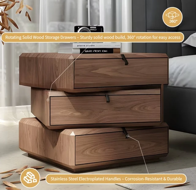 Alt view image 5 of 5 - Rotating Nightstand with Spacious Drawers, Walnut, Solid Wood