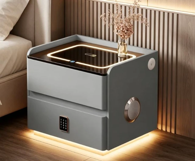 Alt view image 4 of 5 - Smart Leather Nightstand with LED Ambience Wireless Charging Bluetooth Speaker and Digital Password Lock, Grey, Solid