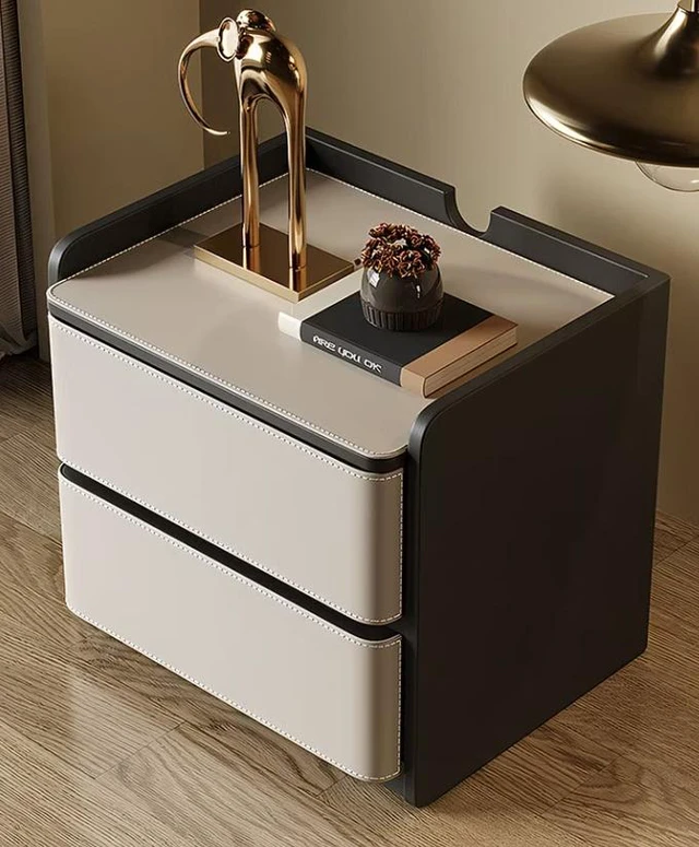 Alt view image 2 of 6 - Nightstand with Saddle Leather Finish Silent Drawer Rails 2 Drawers, Black