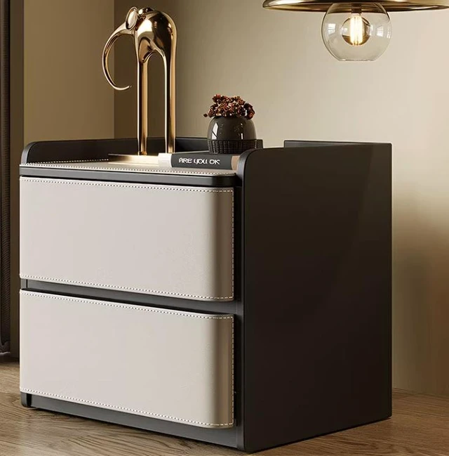 Alt view image 3 of 6 - Nightstand with Saddle Leather Finish Silent Drawer Rails 2 Drawers, Black