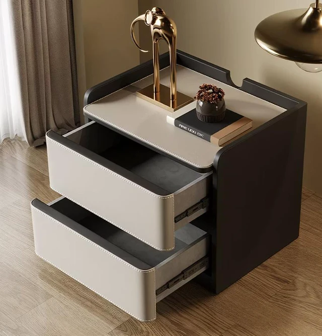 Alt view image 4 of 6 - Nightstand with Saddle Leather Finish Silent Drawer Rails 2 Drawers, Black