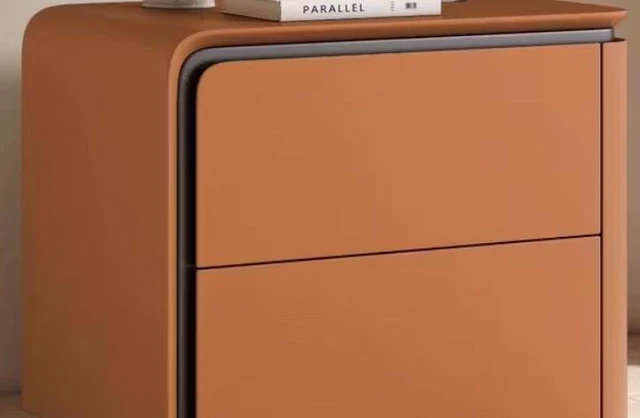 Main image of Left Bedside Table with Rounded Edges Two Drawer Nightstand, Orange, Faux Leather and Plywood