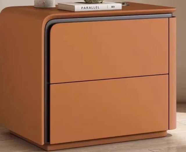 Alt view image 4 of 4 - Left Bedside Table with Rounded Edges Two Drawer Nightstand, Orange, Faux Leather and Plywood