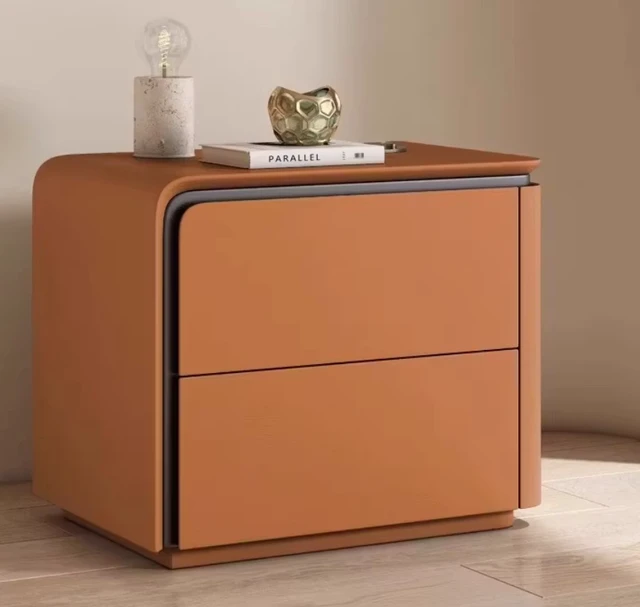 Alt view image 3 of 4 - Left Bedside Table with Rounded Edges Two Drawer Nightstand, Orange, Faux Leather and Plywood