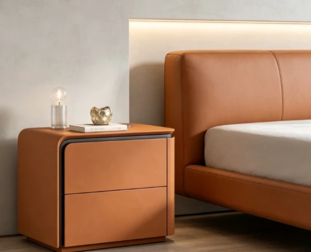 Alt view image 2 of 4 - Left Bedside Table with Rounded Edges Two Drawer Nightstand, Orange, Faux Leather and Plywood