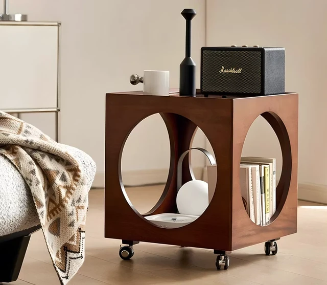 Alt view image 4 of 5 - Rattan Nightstand Rolling Side Table Solid Mobile Bedside Cabinet with Storage, Brown, Solid Wood