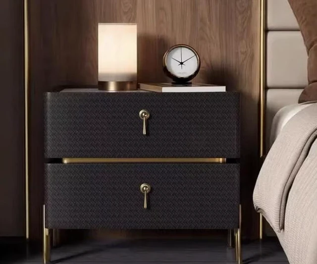 Main image of Bedside Table with Textured Front Panels and Accents, Black, Wood and Metal, Nightstands