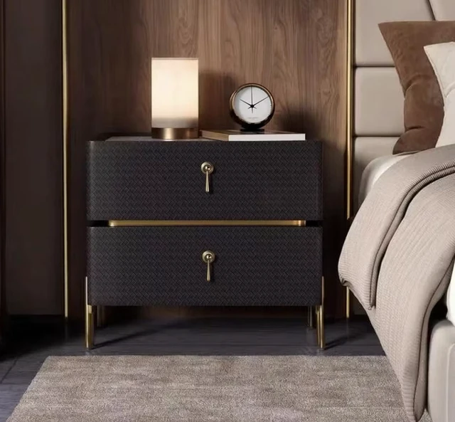Alt view image 4 of 4 - Bedside Table with Textured Front Panels and Accents, Black, Wood and Metal, Nightstands