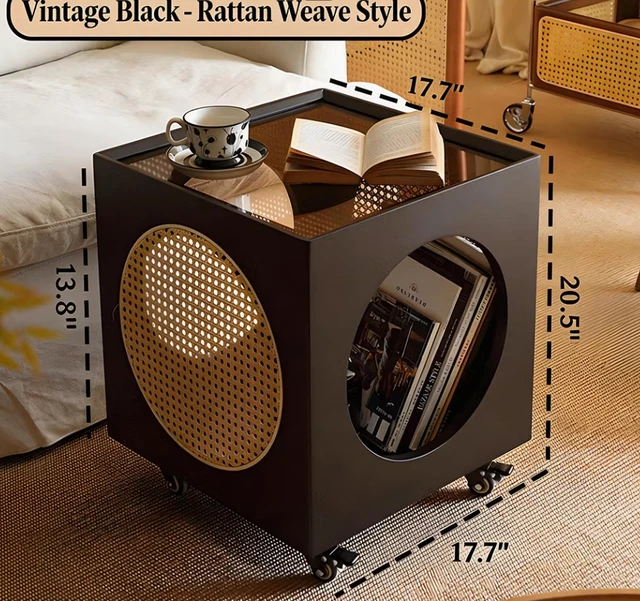 Alt view image 5 of 5 - Rattan Nightstand Rolling Side Table Solid Mobile Bedside Cabinet with Storage, Brown, Solid Wood