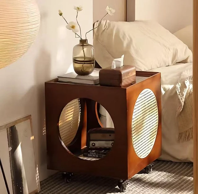 Main image of Rattan Nightstand Rolling Side Table Solid Mobile Bedside Cabinet with Storage, Brown, Solid Wood