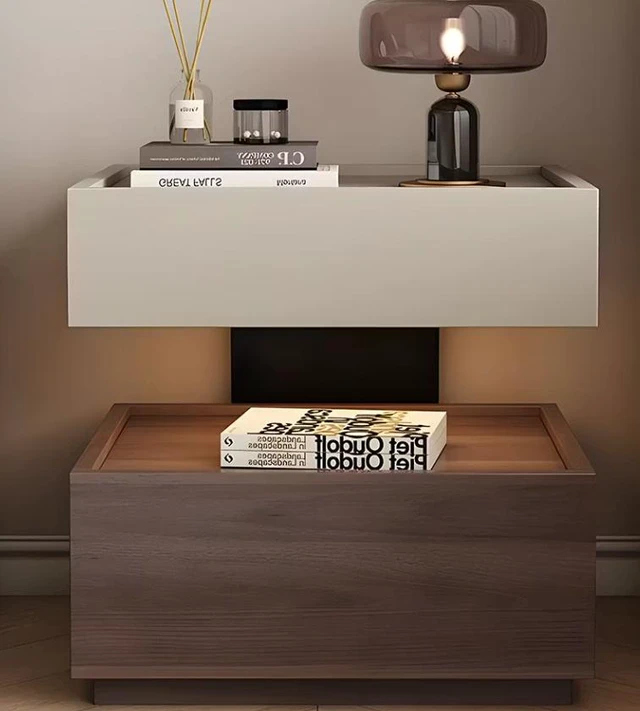 Main image of Two Tier Bedside Table with Drawer Tray Top Nightstand Storage Bedside Cabinet, Light Grey Walnut, Solid Wood