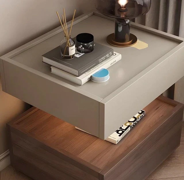 Alt view image 2 of 5 - Two Tier Bedside Table with Drawer Tray Top Nightstand Storage Bedside Cabinet, Light Grey Walnut, Solid Wood