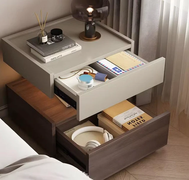 Alt view image 4 of 5 - Two Tier Bedside Table with Drawer Tray Top Nightstand Storage Bedside Cabinet, Light Grey Walnut, Solid Wood