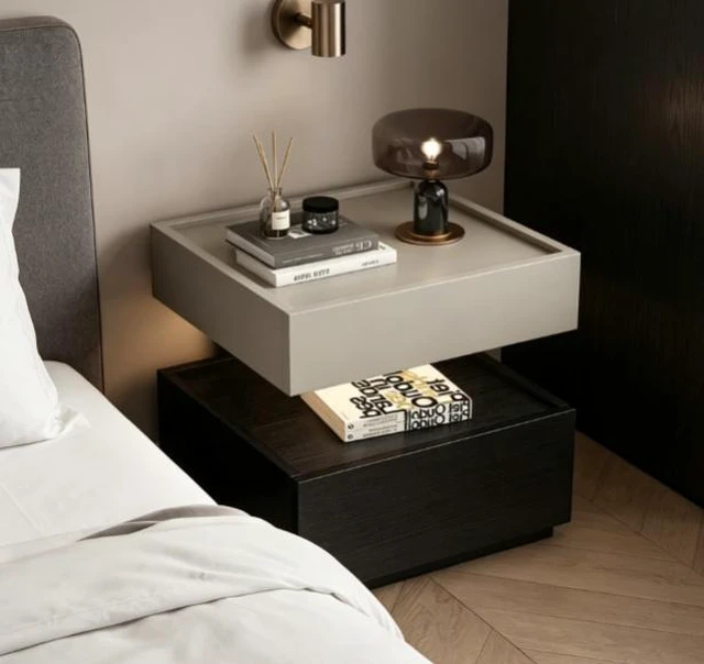 Alt view image 3 of 6 - Two Tier Bedside Table with Drawer Tray Top Nightstand Storage Bedside Cabinet, Black Light Grey, Solid Wood