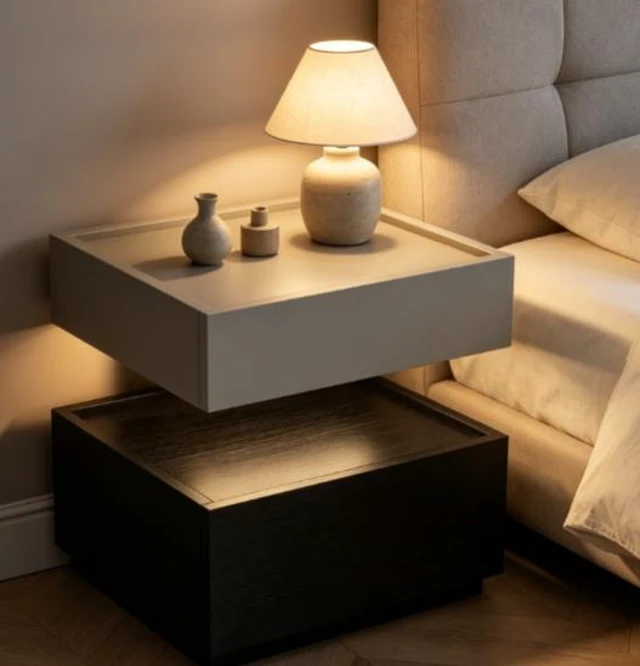 Alt view image 2 of 6 - Two Tier Bedside Table with Drawer Tray Top Nightstand Storage Bedside Cabinet, Black Light Grey, Solid Wood