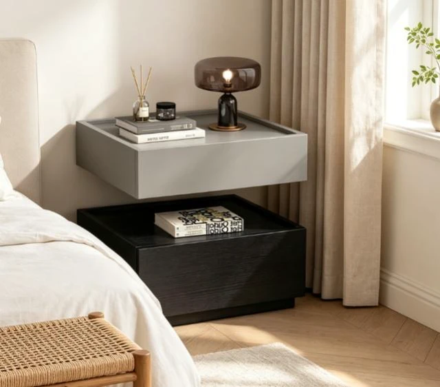Alt view image 4 of 6 - Two Tier Bedside Table with Drawer Tray Top Nightstand Storage Bedside Cabinet, Black Light Grey, Solid Wood