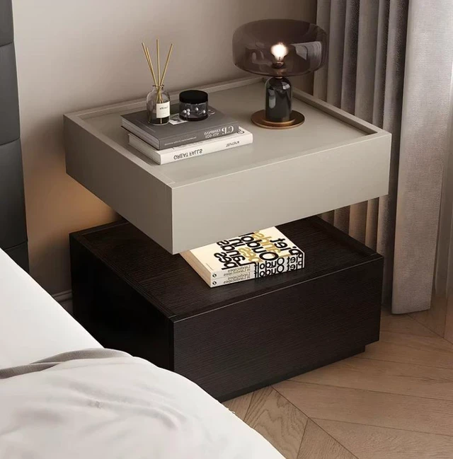Alt view image 5 of 6 - Two Tier Bedside Table with Drawer Tray Top Nightstand Storage Bedside Cabinet, Black Light Grey, Solid Wood