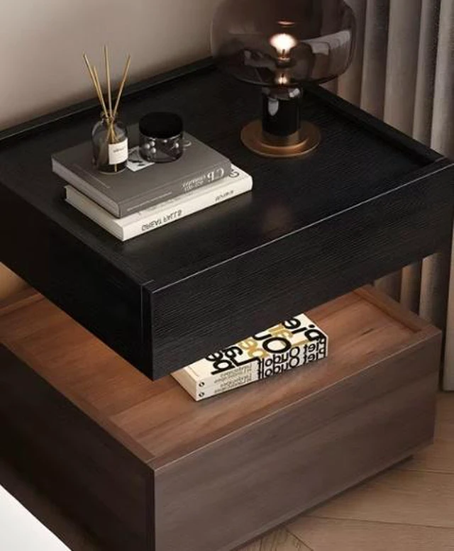 Alt view image 3 of 5 - Two Tier Bedside Table with Drawer Tray Top Nightstand Storage Bedside Cabinet, Walnut Black, Solid Wood