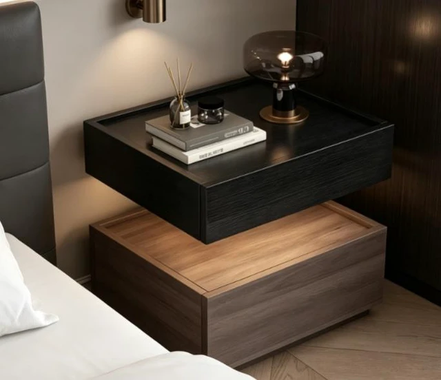 Alt view image 2 of 5 - Two Tier Bedside Table with Drawer Tray Top Nightstand Storage Bedside Cabinet, Walnut Black, Solid Wood