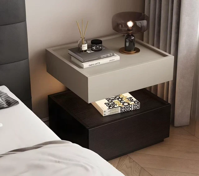 Alt view image 6 of 6 - Two Tier Bedside Table with Drawer Tray Top Nightstand Storage Bedside Cabinet, Black Light Grey, Solid Wood