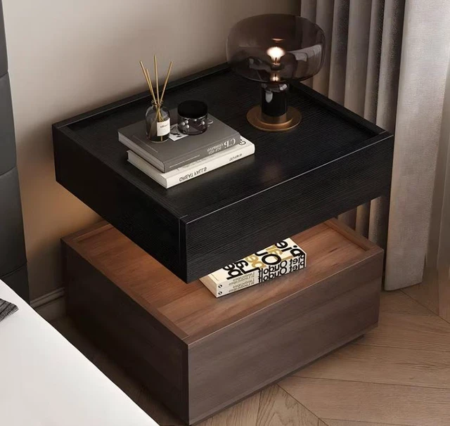 Alt view image 5 of 5 - Two Tier Bedside Table with Drawer Tray Top Nightstand Storage Bedside Cabinet, Walnut Black, Solid Wood