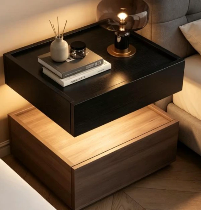 Alt view image 4 of 5 - Two Tier Bedside Table with Drawer Tray Top Nightstand Storage Bedside Cabinet, Walnut Black, Solid Wood