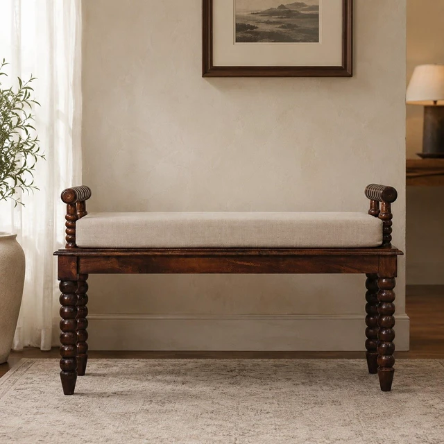 Main image of Solid Spindle Cushioned Entryway Bench, Brown, Solid Wood, Benches