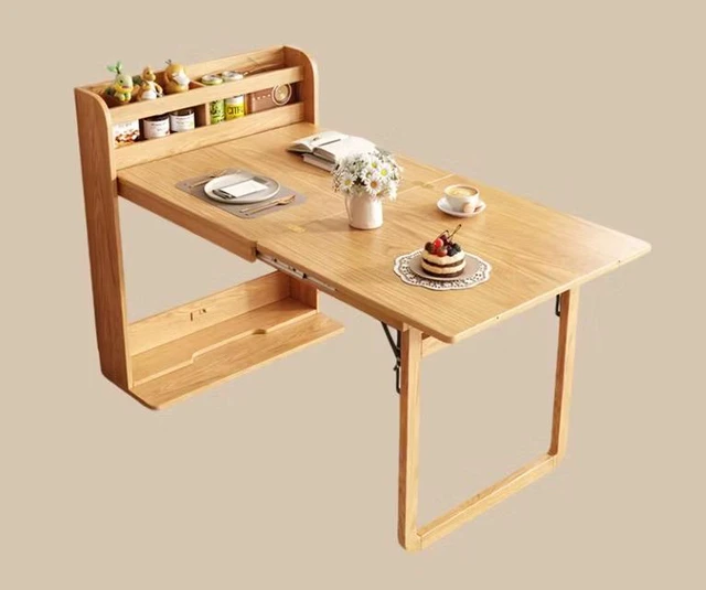 Main image of 62 Inch Wall Side Murphy Foldable Dining Table with Integrated Shelf Storage, Natural, Wood