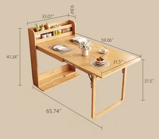 Alt view image 6 of 7 - 62 Inch Wall Side Murphy Foldable Dining Table with Integrated Shelf Storage, Natural, Wood