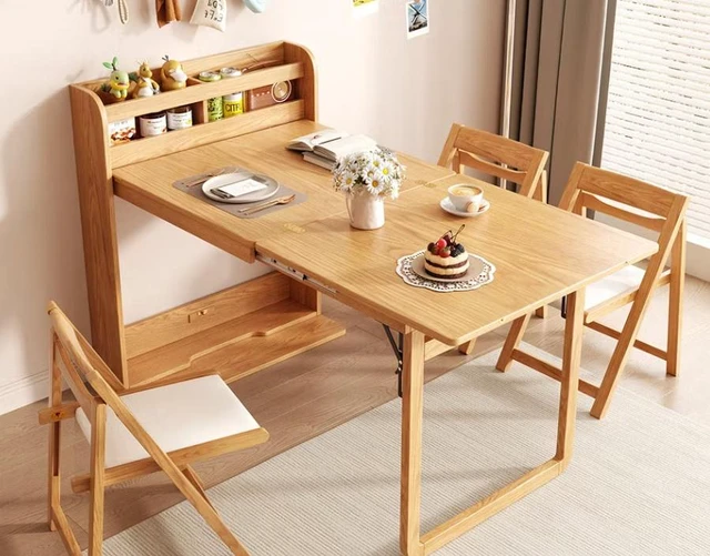 Alt view image 3 of 7 - 62 Inch Wall Side Murphy Foldable Dining Table with Integrated Shelf Storage, Natural, Wood