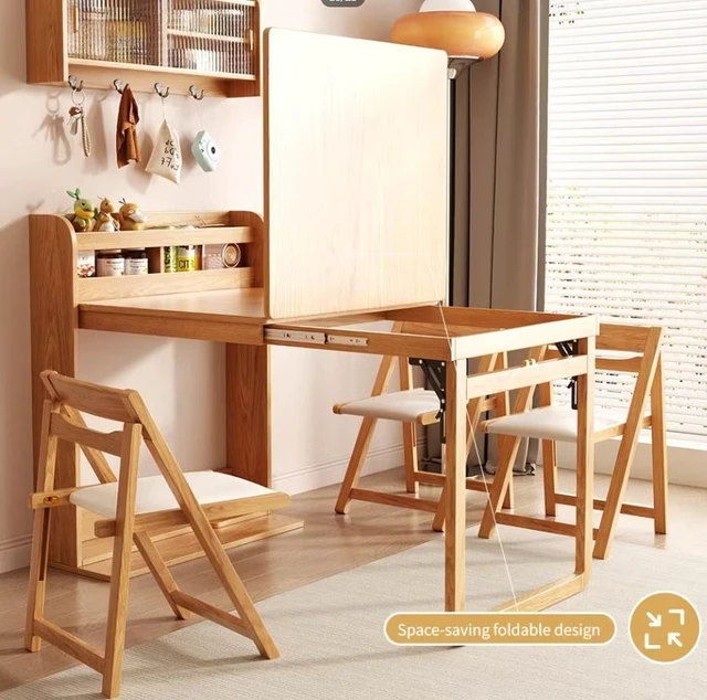 Alt view image 5 of 7 - 62 Inch Wall Side Murphy Foldable Dining Table with Integrated Shelf Storage, Natural, Wood