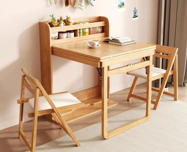 Alt view image 2 of 7 - 62 Inch Wall Side Murphy Foldable Dining Table with Integrated Shelf Storage, Natural, Wood