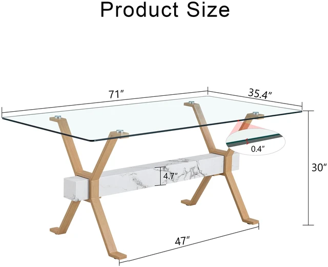 Alt view image 4 of 7 - Tempered Glass Dining Table Inchx35.4 Inch Large Table with Shaped Color Metal Legs and MDF Crossbars, Suitable