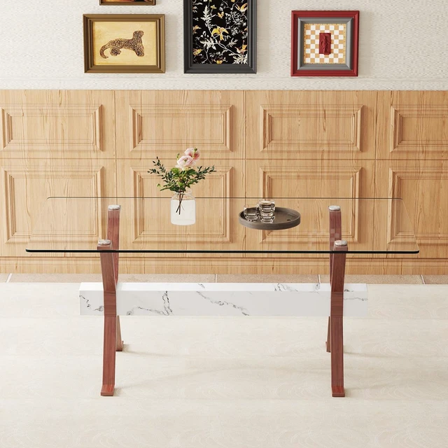 Alt view image 2 of 7 - Tempered Glass Dining Table Inchx35.4 Inch Large Table with Shaped Color Metal Legs and MDF Crossbars, Suitable