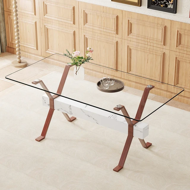Alt view image 3 of 7 - Tempered Glass Dining Table Inchx35.4 Inch Large Table with Shaped Color Metal Legs and MDF Crossbars, Suitable
