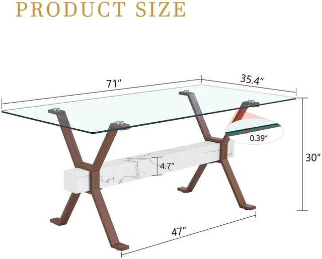 Alt view image 5 of 7 - Tempered Glass Dining Table Inchx35.4 Inch Large Table with Shaped Color Metal Legs and MDF Crossbars, Suitable