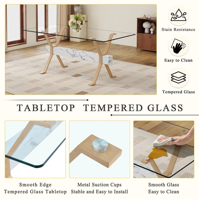 Alt view image 5 of 7 - Tempered Glass Dining Table Inchx35.4 Inch Large Table with Shaped Color Metal Legs and MDF Crossbars, Suitable