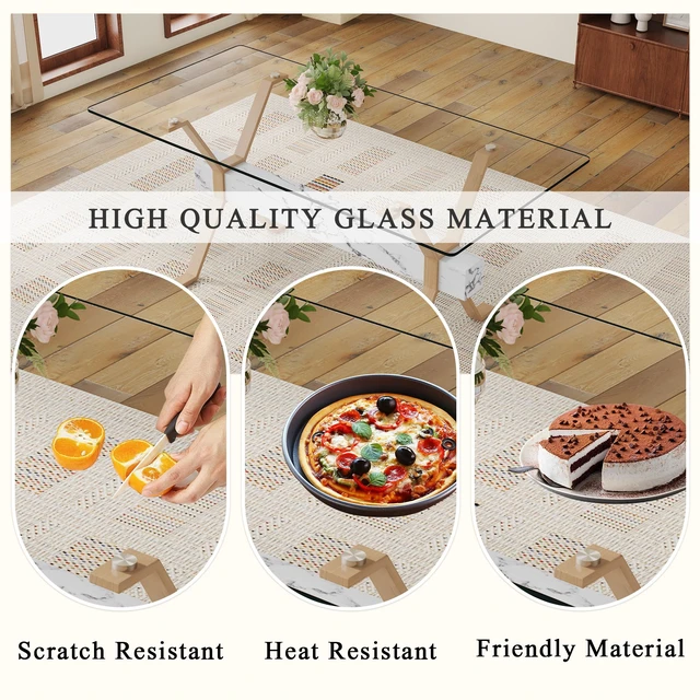 Alt view image 6 of 7 - Tempered Glass Dining Table Inchx35.4 Inch Large Table with Shaped Color Metal Legs and MDF Crossbars, Suitable