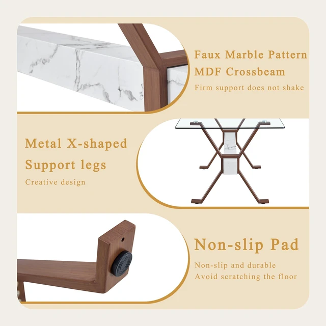 Alt view image 6 of 7 - Tempered Glass Dining Table Inchx35.4 Inch Large Table with Shaped Color Metal Legs and MDF Crossbars, Suitable