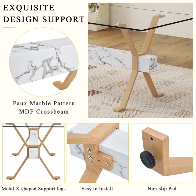 Alt view image 7 of 7 - Tempered Glass Dining Table Inchx35.4 Inch Large Table with Shaped Color Metal Legs and MDF Crossbars, Suitable