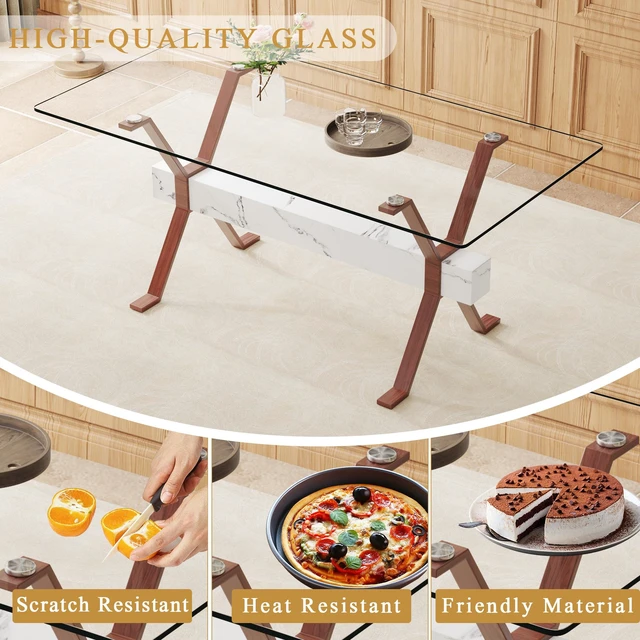 Alt view image 7 of 7 - Tempered Glass Dining Table Inchx35.4 Inch Large Table with Shaped Color Metal Legs and MDF Crossbars, Suitable