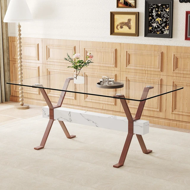 Main image of Tempered Glass Dining Table Inchx35.4 Inch Large Table with Shaped Color Metal Legs and MDF Crossbars, Suitable