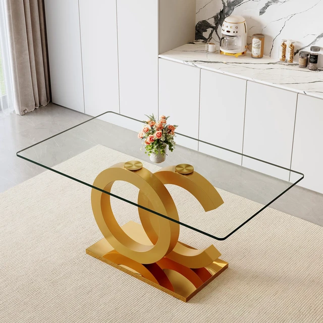 Main image of Large Rectangular Glass Dining Table Suitable for 6 to 8 People, Equipped with Inchtempered Glass Tabletop MDF Shaped