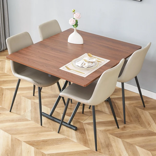 Alt view image 2 of 7 - Table and Chair Set Multifunctional Lifting Platform, Wood Grain Sticker MDF Desktop Black Metal Legs Paired