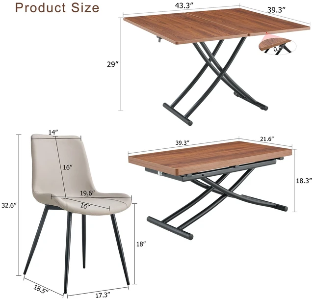 Alt view image 5 of 7 - Table and Chair Set Multifunctional Lifting Platform, Wood Grain Sticker MDF Desktop Black Metal Legs Paired