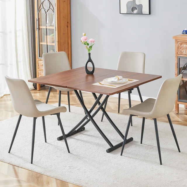 Alt view image 3 of 7 - Table and Chair Set Multifunctional Lifting Platform, Wood Grain Sticker MDF Desktop Black Metal Legs Paired
