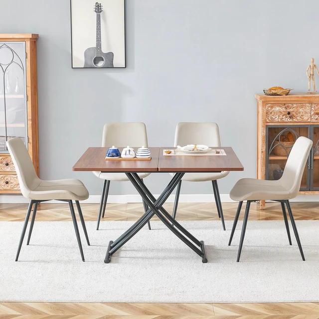 Alt view image 4 of 7 - Table and Chair Set Multifunctional Lifting Platform, Wood Grain Sticker MDF Desktop Black Metal Legs Paired