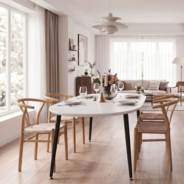Alt view image 3 of 7 - Pull Table Dining Chair Set, Medium Density Fiberboard Tabletop with Black Metal Table Legs Extendable Pull Mid-Century