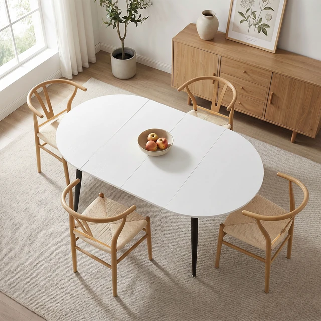 Alt view image 5 of 7 - Pull Table Dining Chair Set, Medium Density Fiberboard Tabletop with Black Metal Table Legs Extendable Pull Mid-Century